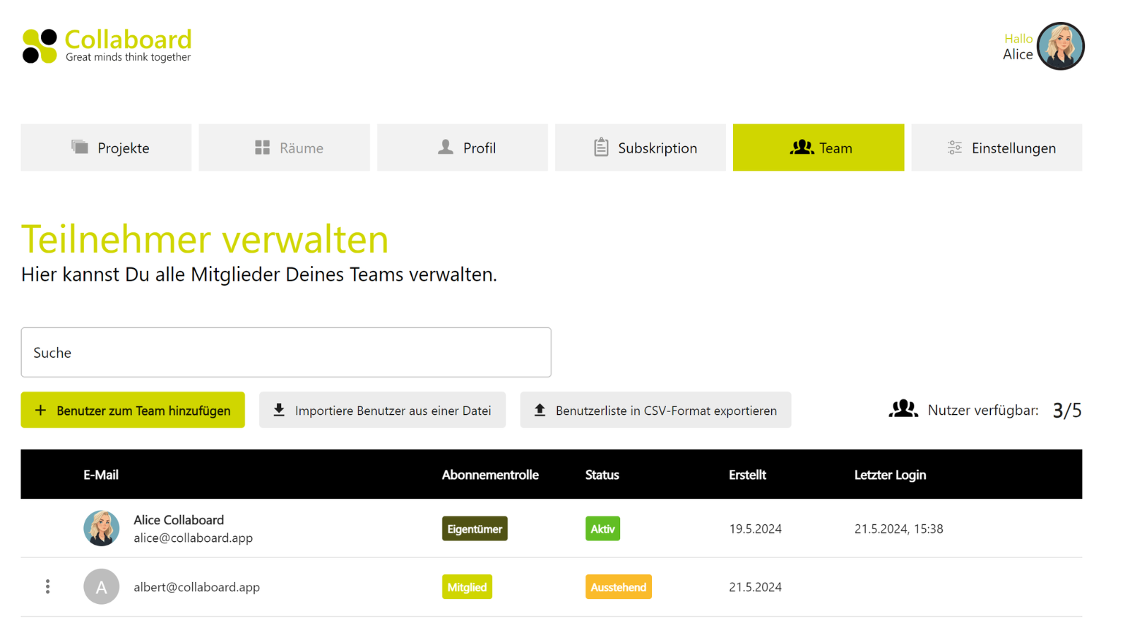 Collaboard Neue Team Seite