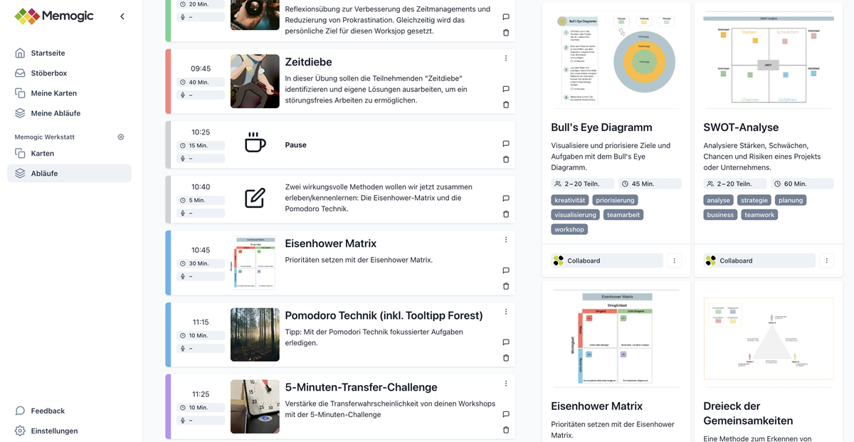 Workshop Ablauf Memogic und Collaboard